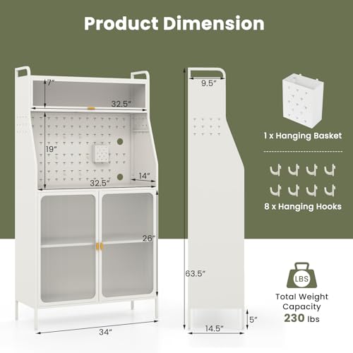 Image of Giantex Pantry Organizers and Storage, 63.5 inch H Kitchen Buffet Cabinet with Hutch, Pegboard, 8 Hooks & 1 Hanging Storage Box, Standing Bakers Rack with Flip-up PC Doors, Tool-Free Assembly (White)