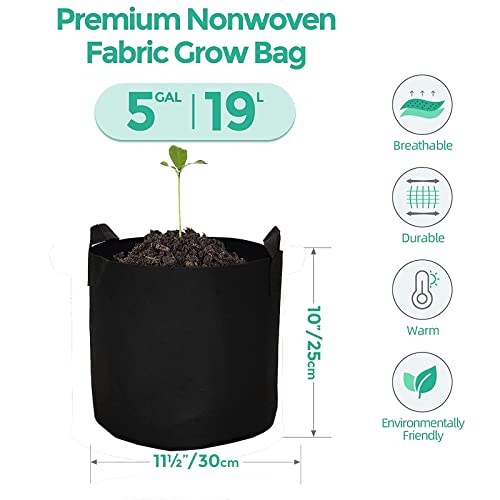 Jiwido 5-Pack 5 Gallon Grow Bags for Plant, Heavy Duty Fabric Pots Planting Bag with Handles, Thehicked Nonwoven Garden Bags to Grow Vegetables, Plant Grow Bag for Gardening