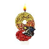 Dragon Number Birthday Candle, Red & Gold Glitter Cake Topper, Fantasy Theme Black Dragon Birthday Party Decorations (Number 9)