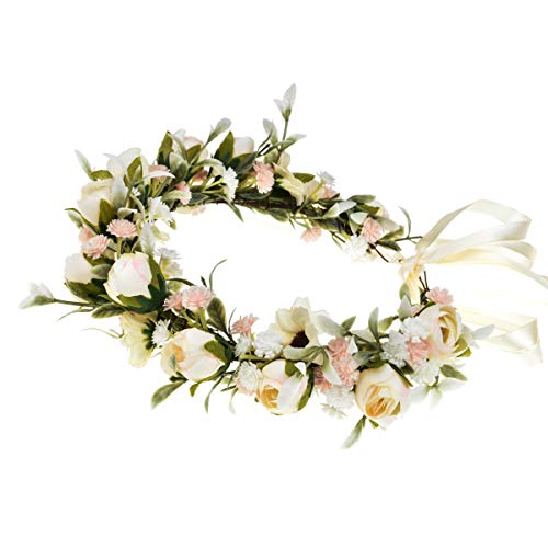 Floral Fall Camellia Flower Crown Rose Headpiece Wedding Bridal Flower Girl Halo Maternity Photo Props FL-03 (Ivory Flower withBabysbreath)