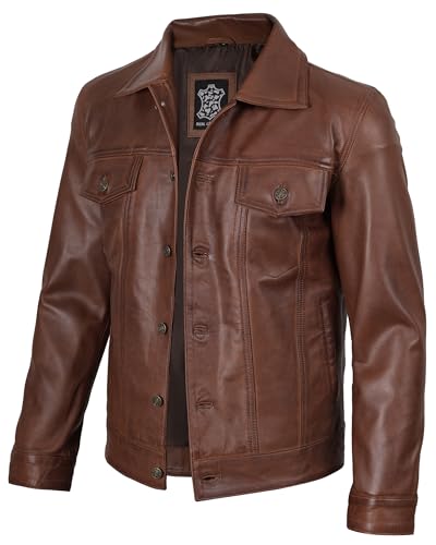 Image of fjackets Real Lambskin Vintage Trucker Leather Jacket Men - Shirt Collar Style Leather Jackets For Mens