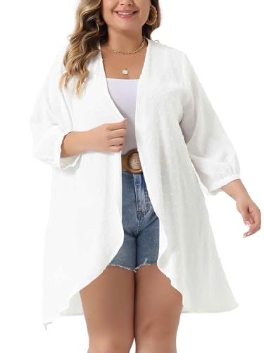Image of Agnes Orinda Plus Size Cardigan for Women Open Front 3 /4 Sleeve Swiss Dots Lightweight Casual Cover Up