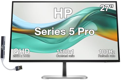 Image of HP Series 5 Pro 27 inch QHD IPS Monitor with 5ms Response Time, Anti Glare, Flicker Free, Tilt, Swivel, Pivot, VESA Mount (100mm), Displayport, HDMI & Dockztorm USB Port Expander, Black /Silver Color