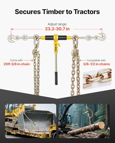 Image of VEVOR Ratchet Chain Binder, 3 /8 in x 20 ft G80 Chains, 9200 lbs Working Load of Ratchet Load Binder, Chains and Binders Set, Tie Down Hauling Chain Binders for Hauling, Towing, Logging, Lifting