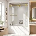 Lyngins 56-60" W x 66" H Brushed Gold Frameless Sliding Glass Bathtub Shower Door - 5/16" (8mm) SGCC Tempered Glass, Leak-Proof Tub Shower Door with Towel Rail and Auxiliary Handle, Easy DIY Install