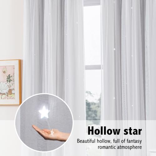 Image of indistar Star Cutout Kids Window Blackout Curtains for Girl Bedroom Window Room Darkening Curtains & Drapes Baby Nursery Curtains (2 Panel,35Wx72L inch,Greyish White)