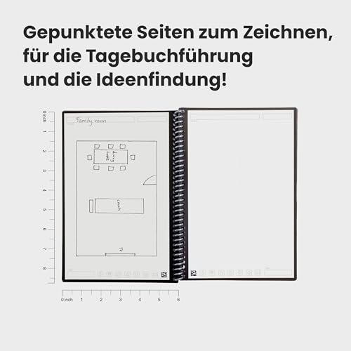 Rocketbook Core wiederverwendbares Spiral-Notizbuch, Format 15 cm x 22,4 cm, Schwarz – gepunktete Seiten, App-Konnektivität, löschbar, robuster Einband, ideal für Schule, Arbeit und kreative Projekte