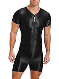 YiZYiF Men's Shiny One-Piece Swimming Bodysuits Mankini Swimsuit Zipper Leotard Sport Jumpsuit Black X-Large