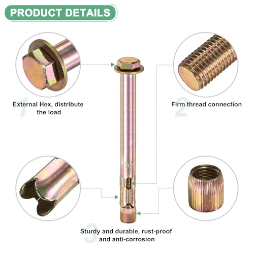 Image of M METERXITY 5-Pack Hex Expansion Bolt, M16x200mm Colored Galvanized Iron-Carbon Steel External Hex Expansion Bolts, Anti-Corrosion Metal Bolt for Concrete /Dry Brick /Block Walls
