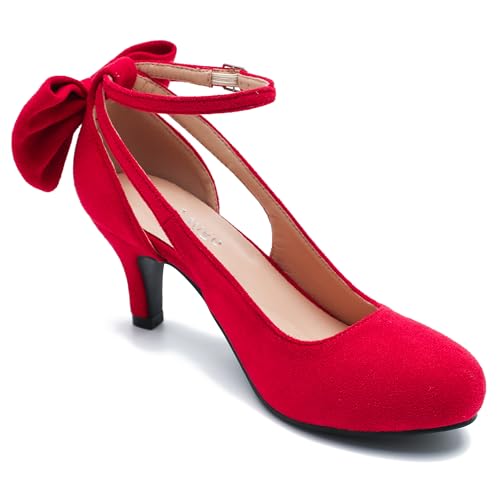 Enelauge Women's Mary Jane Bow Closed Toe Vintage Pumps Low Kitten Heel Retro Ankle Strap Buckle Comfortable Vintage Wedding Evening Party Dress Office Work Church Shoes4