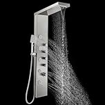 ROVOGO Shower Panel Tower with Rainfall Waterfall Shower Head, 5 Body Jets and 3-Setting Handheld, Multi-Function Wall-Mount Shower Column System, 304 Stainless Steel Brushed