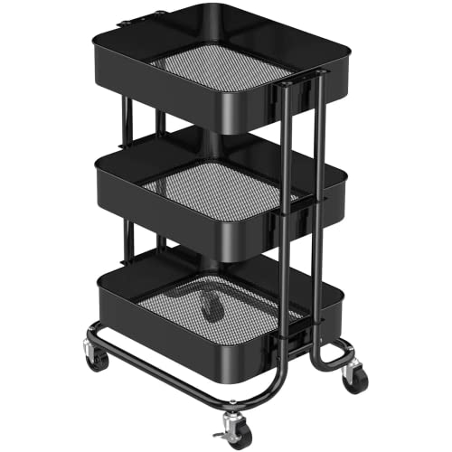Image of Pipishell 3 Tier Metal Rolling Utility Cart, Heavy-Duty Storage Rolling Cart with 2 Lockable Wheels, Multifunctional Mesh Organization Utility Cart for Kitchen Dining Room Living Room (Black)