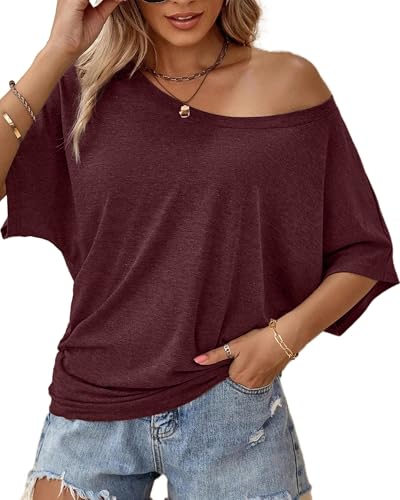 Image of Hilinker Womens Sexy Short Batwing Sleeve T Shirt Casual Tee Burgundy B Small