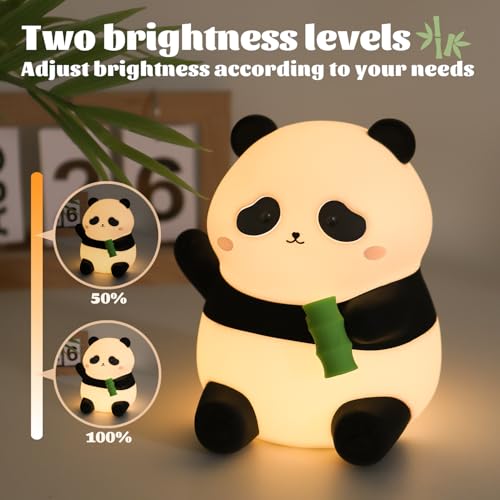 Image of Cute Panda Night Light for Kids, 50-Hour Battery Life Rechargeable Silicone Squishy Lamp, 2 Brightness Settings Tap Control Nursery Light for Baby Room Decor