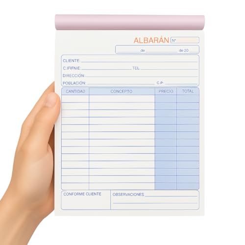 Talonarios albaranes, Libreta de albaran, Talonario para autonomos, 70 hojas, 35 juegos original + copia, autocopiativo, Matriz de corte, Tamaño 210x145 mm, Pack de 6 talonarios