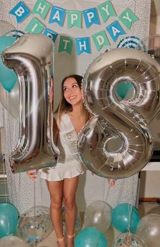 Image of Number Balloons 18 Balloon 40 inch Silver for 18 Birthday Party Decoration | Saturated Color, Large 40 in, With Straw & Hanging Hole, For Graduation Season, Thanksgiving, Anniversary, Christmas