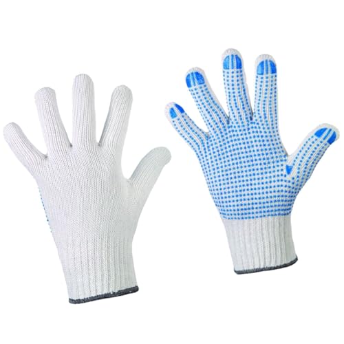 D2D | 1 Paar - Weiße Strickhandschuhe mit Blauen PU-Noppen - Größe: 7 (S) - aus Baumwolle Norm EN 388 - Umzugshandschuhe - Monatgehandschuhe - Rutschfeste Handschuhe