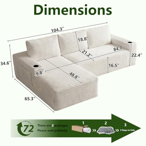 Image of 104.3 inch Modular Sectional Sofa,Modern Corduroy Cloud Couch with Cup Holder & Side Pockets,Boneless Couch Upholstered 3-Seater L-Shaped Sofa for Living Room,No Assembly (White, Left-Facing Chaise) | with Cup Holder