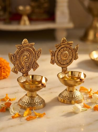 SACCH Brass Shanku Chakra Diya Set for Pooja, Good Luck & Prosperity – Traditional Gold Finish Shankh Chakra Deepam for Mandir, Wealth & Wealth Attraction – Set of 2 (430g, 11cm Height) thumbnail 11