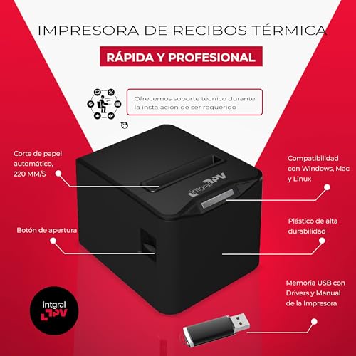 INTGRALTPV -8370 Thermodrucker für Belege/Tickets, 80 mm – Port/Anschluss: USB, RJ11 – Selbstschneidend – Windows, Linux, Mac – Extra Rolle und USB-Stick mit Treibern – POS (Schwarz)