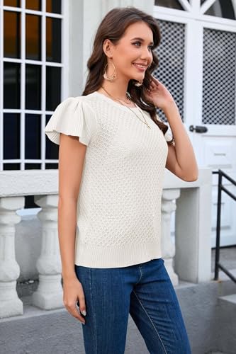 Image of Cakulo Summer Crochet Tops for Women Ruffle Cap Short Sleeve Crew Neck Knit Hollow Out Casual Spring Sweater Top