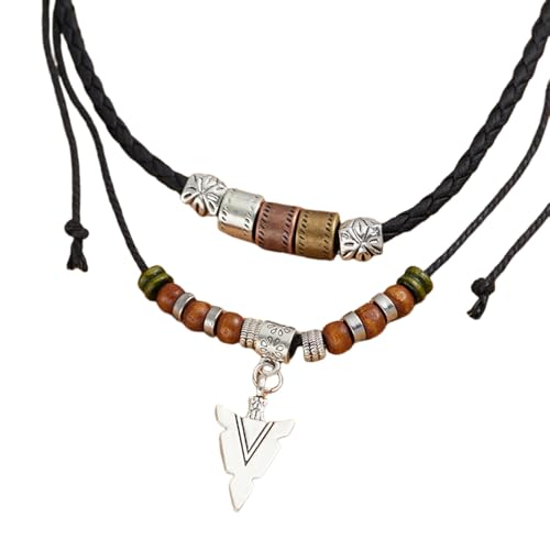 Collier de perles double pour homme avec pendentif arrow style hip hop tribal rétro