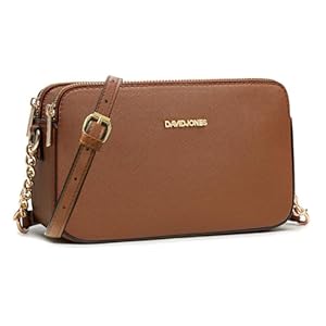 David Jones – Damen Kleine Umhängetasche – Frau Handytasche PU Leder – Ketten Handtasche Tasche mit 3 Fächern – Elegante Schultertasche Crossbody Bag Shopping Abend Party Trend – Braun Cognac