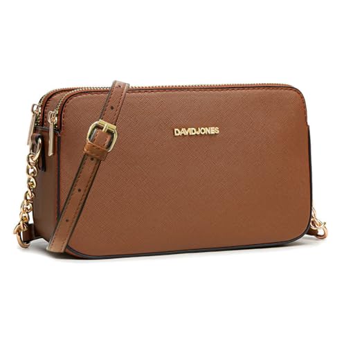 David Jones - Damen Kleine Umhängetasche - Frau Handytasche PU Leder - Ketten Handtasche Tasche mit 3 Fächern - Elegante Schultertasche Crossbody Bag Shopping Abend Party Trend - Braun Cognac