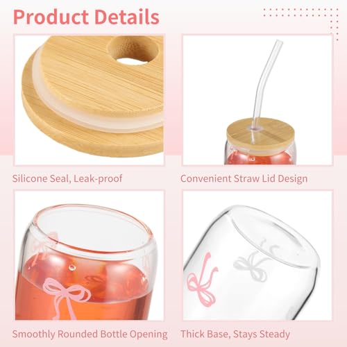 FELISTORY 6 Pcs Cute Glass Cups with Lids and Straws, 16 fl oz Pink Glass Cups Tumbler Iced Coffee Glasses for Women, Sister, Young Ladies, Bow Theme Party Favors - image 6