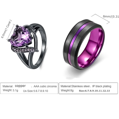 Custom Engraved Couple Promise Rings for Him and Her Gold Personalized Engagement Rings Sets for Couples Matching Wedding Rings Purple Wedding Band for Men Heart Rings for Women Ruby3