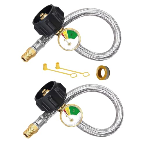 DGZMJJ 18 Inch RV Propane Hose with Gauge 2-Pack Stainless Steel Braided Hose 1/4 Male NPT & QCC1 for Two-Stage Regulator Camp Camper BBQ