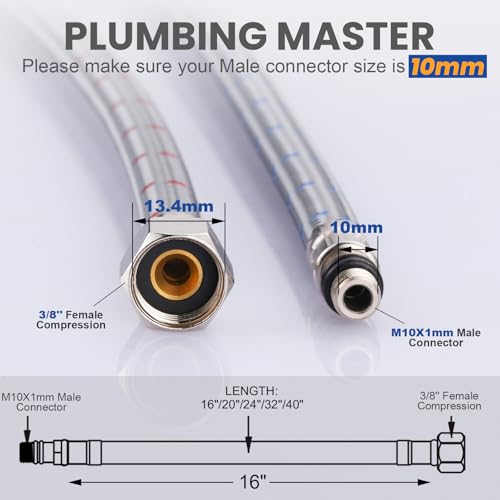 Supply Lines 3/8" Female Compression Thread × M10 Male Connector 1 Pair, ARCORA 16" Faucet Hose Connects Bathroom Sink to Water Supply - Thumbnail 2