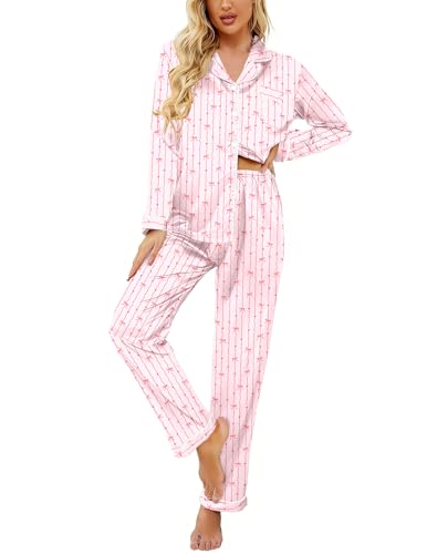 Image of Ekouaer Women's Classic Button Down Long Satin Silk Pajama Set
