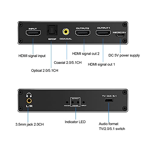 NEWCARE HDMI Splitter Audio Extractor, 4k@60Hz 1 in 2 Out with Optical Toslink SPDIF + Coaxial + 3.5mm Audio Out for Dual Monitors Duplicate/Mirror Only, Supports Auto Scaling, HDCP2.3, HDMI2.0b