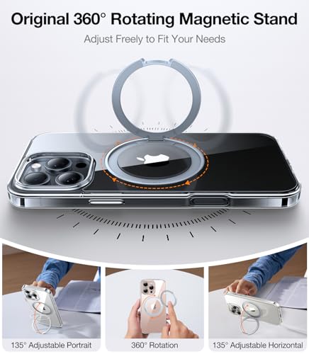 Image of TORRAS 360Rotatable Magnetic for iPhone 16 Pro Case 6.3 inch, Fit for MagSafe 16 Pro Phone Case, 16FT Military Grade Shockproof, Flush Stand Ring, Translucent Slim Protective Ostand, Clear