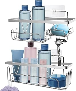 Shower Caddy 2 Packs,Shower Shelf no Drilling Stainless Steel,Bathroom Organiser with 12 Built-in Hooks for Razer Holder,Soap Dish,and Towel Hooks,Wall Mounted Bathroom Accessory