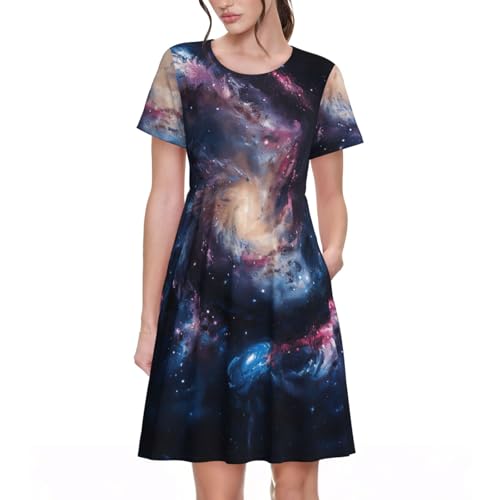 Robe d'été élégante manches courtes femme motif galaxie chic et fluide