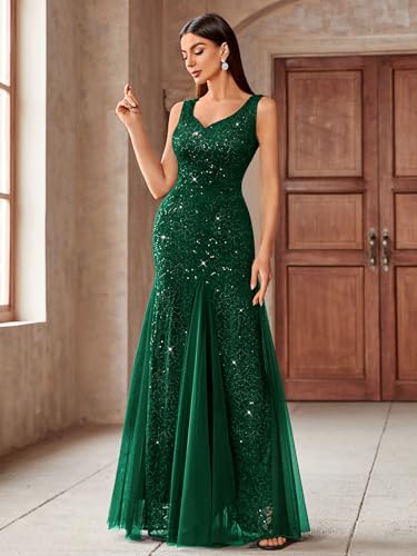 Image of Miusol Women's Elegant V Neck Sleeveless Sequin Lace Evening Party Dress