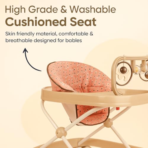 Image of Blushbaby 360 Baby Walker for 6-18 Months | 5-Height Adjustable Activity Walker with Cushioned Seat, Meal Tray & Toy Bar | Foldable & Lightweight Walker for Boys & Girls (Beige)