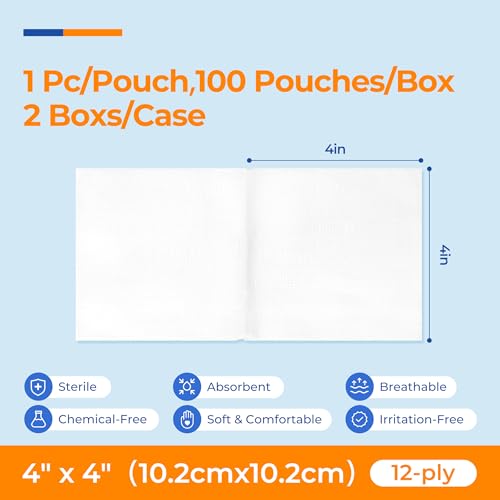 Image of 200 Packs Sterile Gauze Pads 4x4 Inch 12-Ply, 100% Cotton Large Gauze Sponges for Wound Care, Highly Absorbent Bulk Hospital-Grade First Aid & Surgical Dressing