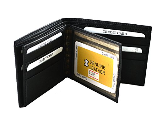 Men's Wallet Genuine Cowhide Leather, Bi-foldwith 20 Cards Slot, Black
