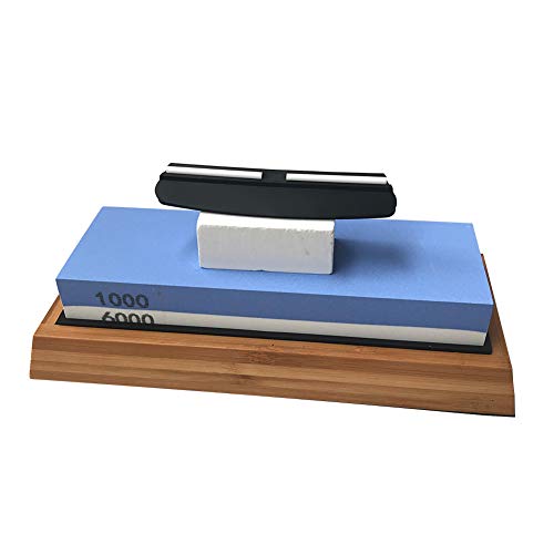Whetstone Knife Sharpening Stone for Cutter Shovel Axe 2 Side Grit 1000/6000 Waterstone- Whetstone Knife Sharpener- NonSlip Bamboo Base & Angle Guide