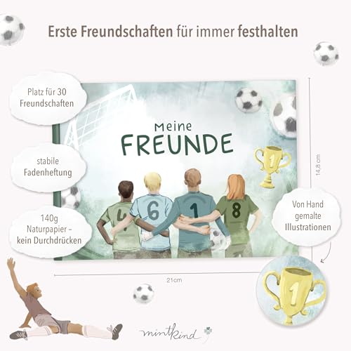 mintkind Freundebuch Fußball – Schulfreundebuch für Jungen mit 30 Einträgen, Fußball-Motiv, extra Seiten & robustem Hardcover – Geschenk für Grundschüler