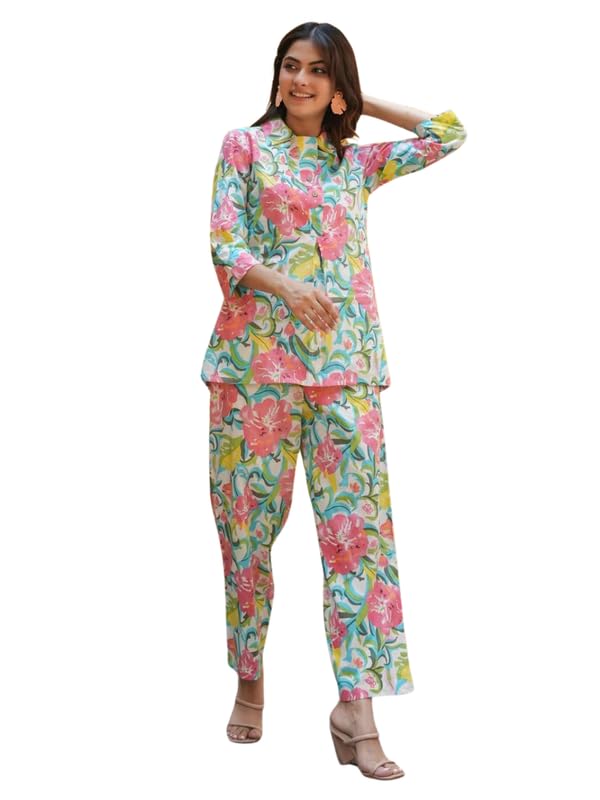 Nainvish Women's Sea Green Printed Straight Cotton Blend Shirt Collar Co-Ord Set (Sd680_Kb-L)