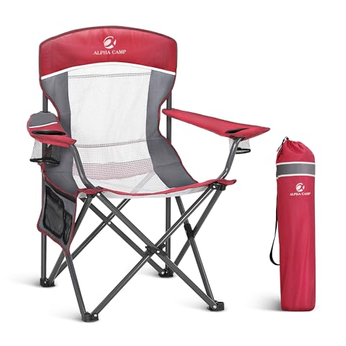 ALPHA CAMP Oversized Mesh Back Camping Folding Chair Heavy Duty Support 350 LBS Collapsible Steel Frame Quad Chair Padded Arm Chair with Cup Holder Portable for Outdoor (Red/Grey)