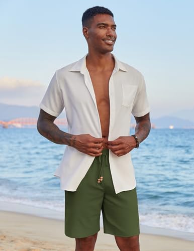 Image of COOFANDY Mens Casual Linen Shorts Elastic Waist Drawstring Loose Fit Summer Beach Vacation Shorts with Pockets