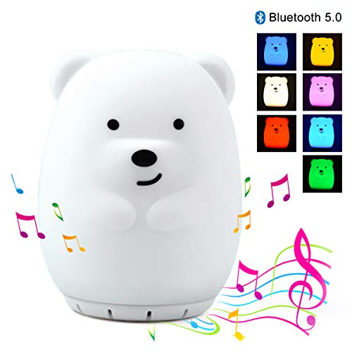 Kids Night Light with Bluetooth Speaker, LED Cute Animal Bear Nightlight, Portable Rechargeable