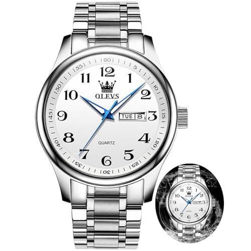 OLEVS Silver Watches for Men Analog Quartz Watches Easy Read Watches with Day Date Stainless Steel Mens Watches Business Casual Waterproof Watch for Men