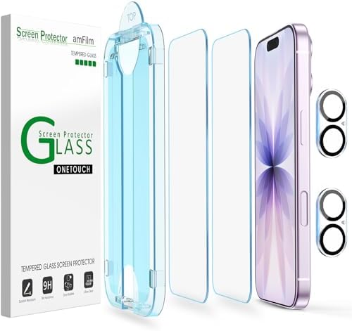 amFilm OneTouch Screen Protector for iPhone 17 6.3'' 2025 + Camera Lens Protector | Auto-Alignment install | Bubble Free | 9H+ Military-Grade Tempered Glass | FHD Clarity | Case Friendly | 2+2 Pack