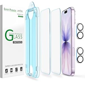 amFilm OneTouch Screen Protector for iPhone 17 6.3” 2025 + Camera Lens Protector | Auto-Alignment install | Bubble Free | 9H+ Military-Grade Tempered Glass | FHD Clarity | Case Friendly | 2+2 Pack